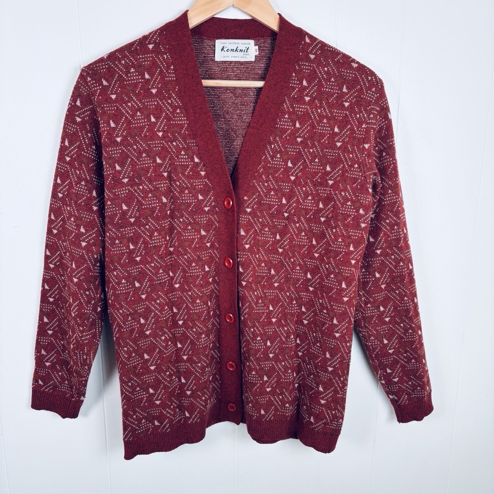 Vintage‎ Konknit Women's 40 Small Virgin Wool Cardigan Sweater Red Button Front